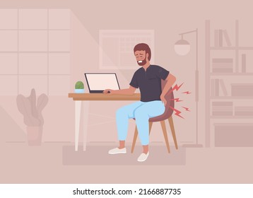 Back pain due to prolonged sitting flat color vector illustration. Bearded man with pinched nerves in lower back. Fully editable 2D simple cartoon character with cozy office interior on background