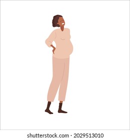 Back pain during pregnancy. Pregnant woman in pain in back. Upset female suffer heavy load on lower back. African American Woman holding on to back. Flat vector illustration Pregnancy symptoms concept