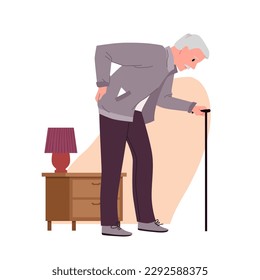 Back pain in elderly man with cane vector illustration. Cartoon isolated old sick grandfather standing at home interior, senior person holding hand on back and suffering from rheumatism or arthritis