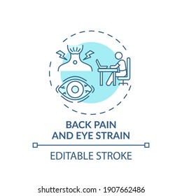 Back pain and eye strain concept icon. Online english teaching challenges. Health problems after long learning idea thin line illustration. Vector isolated outline RGB color drawing. Editable stroke