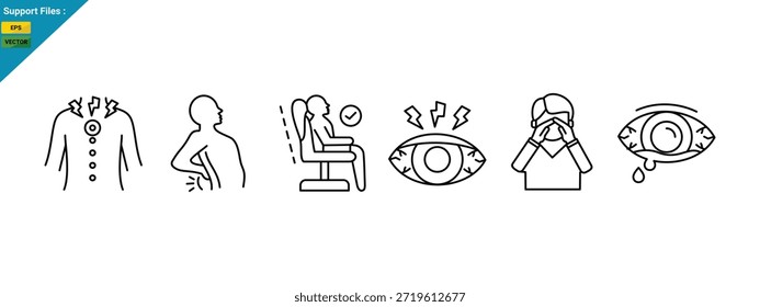 Symbol für Rückenschmerzen und Augenbelastung. Online Englischunterricht Herausforderungen. Gesundheitsprobleme nach langem Lernen Idee Illustration. Vektorkontur 