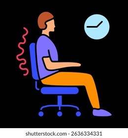 Back pain icon. Man on office chair, poor sitting posture, spine strain, red curve, long hours at desk, health concern, discomfort.