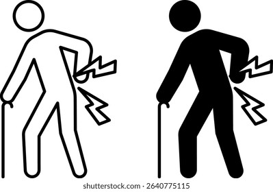 Back Pain Icons. Black and White Vector Illustrations. Man Bent Over in Pain with Cane. Injury, Disease, Medicine. Disability Concept