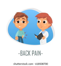 Back pain medical concept. Vector illustration. Doctor and patient are talking in the hospital. Isolated on white background.