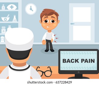 Back pain medical concept. Vector illustration. Doctor and patient are talking in the hospital. Isolated on white background.