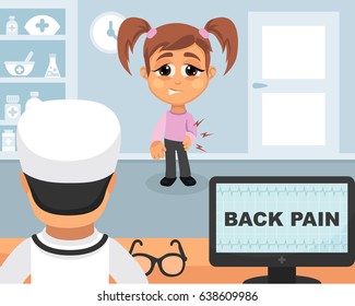 Back pain medical concept. Vector illustration. Doctor and patient are talking in the hospital. Isolated on white background.