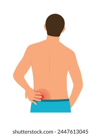 Back pain, a person holds his back in a place of pain, the concept of back pain. 