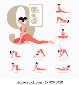 Back pain relief  yoga poses. Young woman practicing Yoga pose. Woman workout fitness, aerobic and exercises. Vector Illustration.	