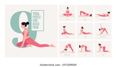 Back pain relief yoga poses. Young woman practicing Yoga pose. Woman workout fitness, aerobic and exercises. Vector Illustration.	