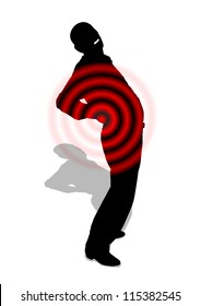 Back pain Silhouette of a man in black with back pain depicted by red circles