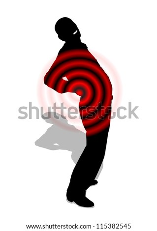 Back pain Silhouette of a man in black with back pain depicted by red circles