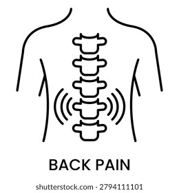 Back pain and spine line icon showing backbone ache inflammation