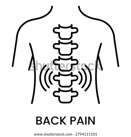 Back pain and spine line icon showing backbone ache inflammation