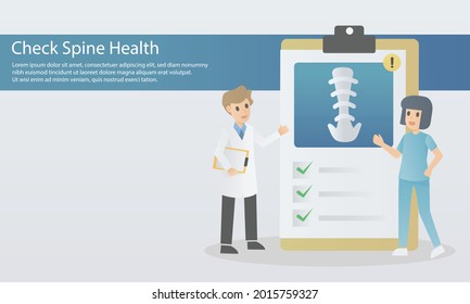 back pain and spine treatment by technology,Specialist doctors and nurses look at X-ray results and give advice on spinal injuries,physiotherapy,Health care,vector illustration.