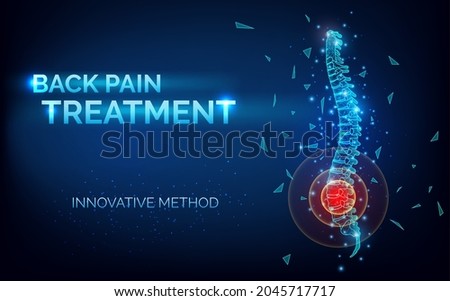 Back pain spine treatment, innovative method - abstract 3d image of the spine banner for clinic, orthopedist, surgery and traumatology, rehabilitation after back injury, vector illustration.