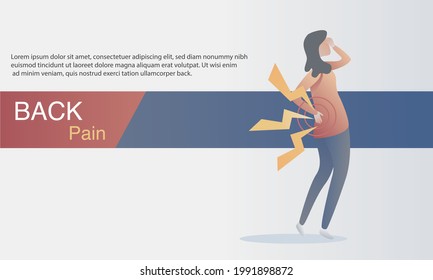 Back pain symptoms,Back ache or muscle pain from work or activity in men and women,with bending, twisting, lifting, standing,sleep or walking,signal a serious medical problem,vector illustration.