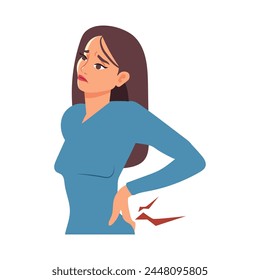 dolor de espalda, Ilustración vectorial de una mujer triste porque tiene dolor de espalda, problemas en la parte baja de la espalda.