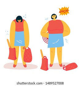 Back pain.Woman felt back pain while lifting heavy shopping bags.Woman dropped her bags and have a sore back. Flat.Vector illustration.