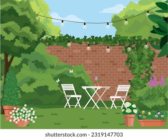 Back patio with garden furniture on a background of green plants.