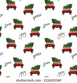 Back of pickup truck Christmas seamless pattern with lettering.  Spruce tree transportation white and red winter holiday gift wrapping, scrapbooking paper. Winter holiday repeat textile print 