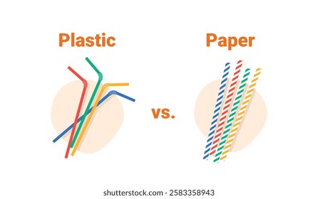 back to plastic straws, paper or plastic drinking straw, vector illustration