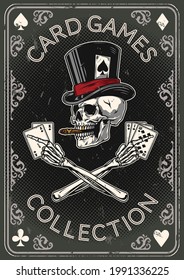 Back of playing card vintage poster with skull smoking cigar in top hat and crossed skeleton hands holding playing cards with royal flush of spades poker hand vector illustration