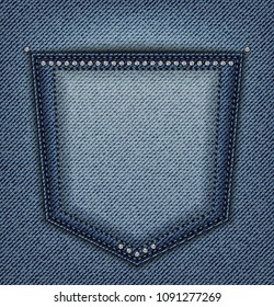Back pocket with sequins and stitches on blue jeans background.
