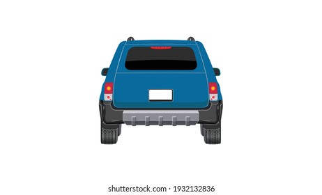 Back Pose Of Car In Blue Color Isolated On White Background, Vector Illustration.

