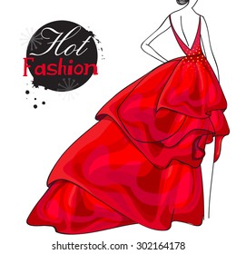 Back pose of a young slim girl in beautiful red gown for Hot Fashion collection on white background.