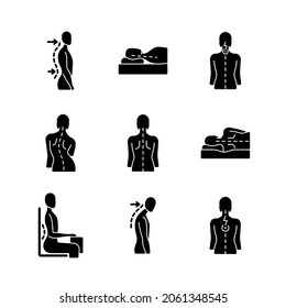 Back and posture problems black glyph icons set on white space. Lumbar lordosis. Incorrect sleeping position. Neck pain. Sideways curve. Silhouette symbols. Vector isolated illustration