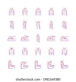 Back and posture problems gradient linear vector icons set. Spinal abnormalities. Maintaining natural alignment. Thin line contour symbols bundle. Isolated vector outline illustrations collection