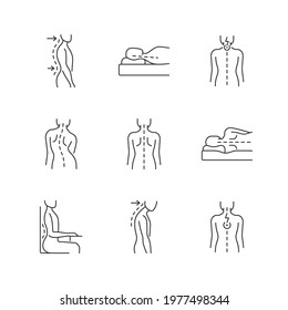 Back and posture problems linear icons set. Lumbar lordosis. Incorrect sleeping position. Neck pain. Customizable thin line contour symbols. Isolated vector outline illustrations. Editable stroke