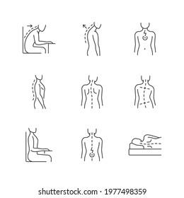 Back and posture problems linear icons set. Slouched position at desk. Spine natural curvature. Customizable thin line contour symbols. Isolated vector outline illustrations. Editable stroke
