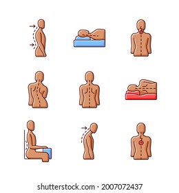 Back and posture problems RGB color icons set. Lumbar lordosis. Incorrect sleeping position. Neck pain. Sideways curve. Spine natural curvature. Sitting up straight. Isolated vector illustrations