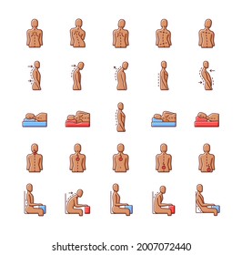 Back and posture problems RGB color icons set. Spinal abnormalities. Maintaining natural alignment. Sitting, sleeping position. Postural change. Roundback, hunchback. Isolated vector illustrations