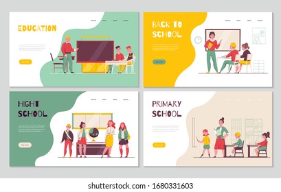 Back to primary high school education 4 flat horizontal banners with classroom lesson teacher schoolchildren vector illustration  