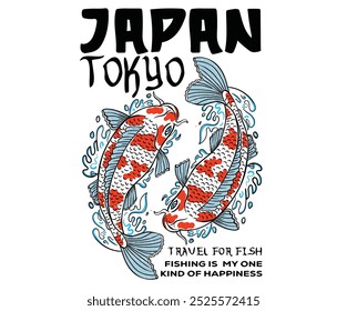 T-Shirt-Design mit Rückenprint. Fischlinienzeichnung. Japan art. Tokyo, Japan Koi handgezeichnete Vektorgrafik. Fish Print für T-Shirt Grafik und andere Verwendungen. 