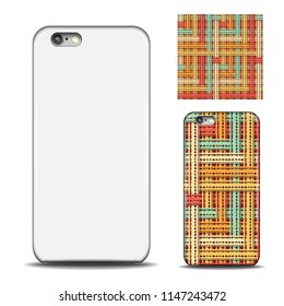 Back rear side of smart phone. Mockup and sample of pattern. Example of design cover. Vector illustration.