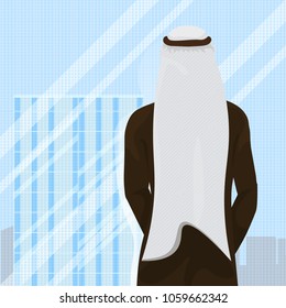 Back Rear View Of Arab Man In Traditional Clothes Looking In Window
