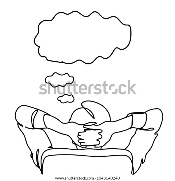オフィスの椅子に座って夢を見ている または休憩中の落書きベクターイラストを持つ背面ビジネスマン のベクター画像素材 ロイヤリティフリー