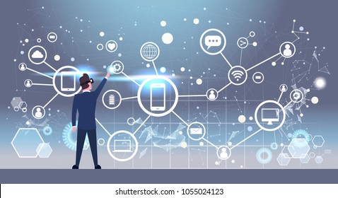 Back Rear View Of Businessman In 3d Glasses Using Futuristic Interface With Social Network Connections Icons Virtual Reality Technology Concept