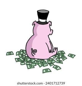 Back, rear view of a cute millionaire rich pig cartoon character wearing galley and sitting on lots of dollar bills. Colorful funny conceptual hand drawn style vector illustration.