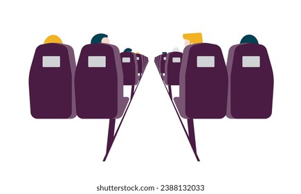 Atrás, detrás de la vista desde el medio del pasillo de la gente, pasajeros sentados en cómodos asientos dentro de un avión, bus, tren. Ilustración vectorial colorida de estilo plano aislada en fondo blanco.