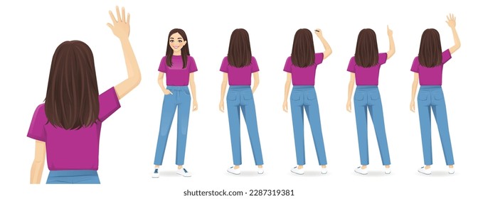 Back rear view of standing young beautiful woman set. Cute girl isolated vector illustration