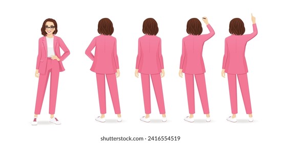 Back rear view of standing young beautiful business woman in pale pink suit different poses set isolated vector illustration