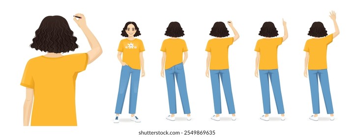 Vista posterior de la mujer hermosa joven de pie en diferentes poses. Conjunto de Ilustración vectorial aislado