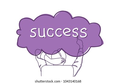 Back Rear View Of Successful Business Man Sitting IN Office Chair Point Finger At Success Word Doodle Vector Illustration