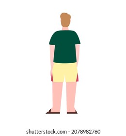 Back rear view of young man standing isolated on white background. Male cartoon person in neutral pose seen from behind, vector illustration.