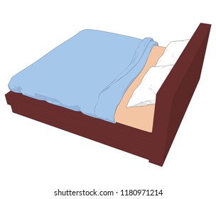 Back reverse 45 degree Birds eye Top level perspective angle Double bed furniture interior element white pillows blanket oak wood brown blue