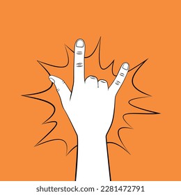 Back of rock and roll hand sign. Goat gesture. Vector hand drawn illustration with contour.